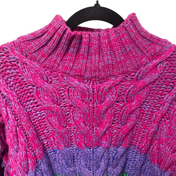 Farm Rio Multicolor Striped Yarn Fringe Turtleneck Sweater Womens Medium - Picture 6 of 10